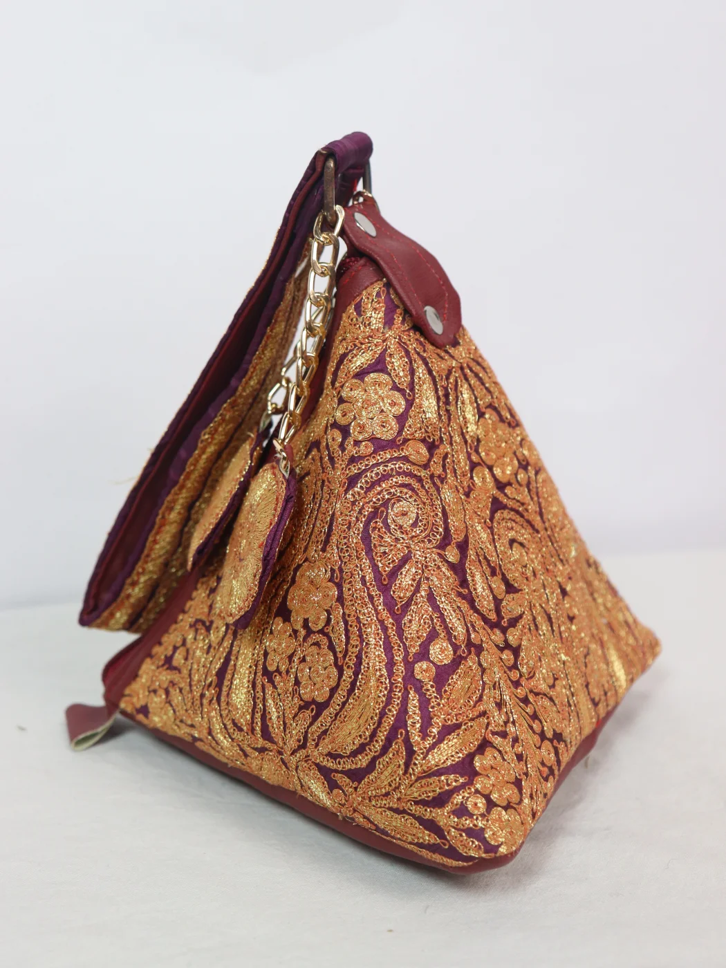 Inaya Kashmiri Silk Triangle Bag With Botte Tilla Work | Wine