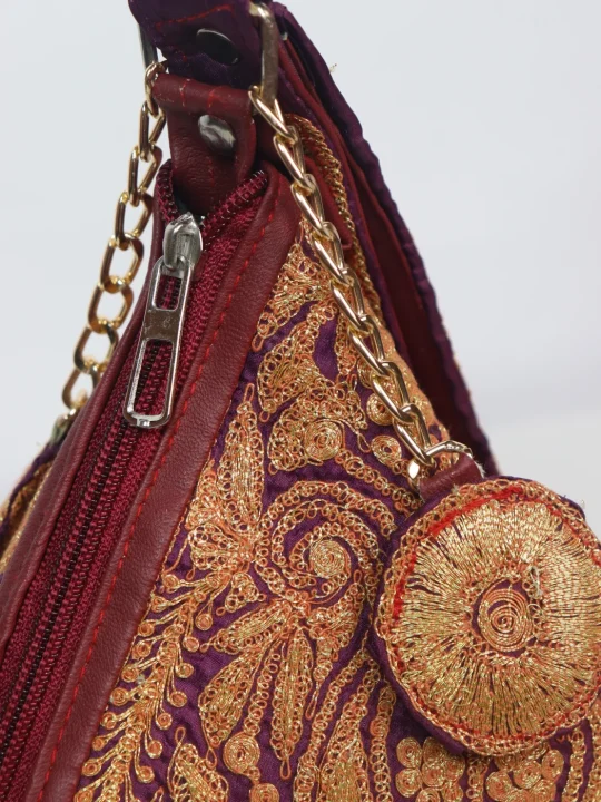 Inaya Kashmiri Silk Triangle Bag With Botte Tilla Work | Wine - Image 3