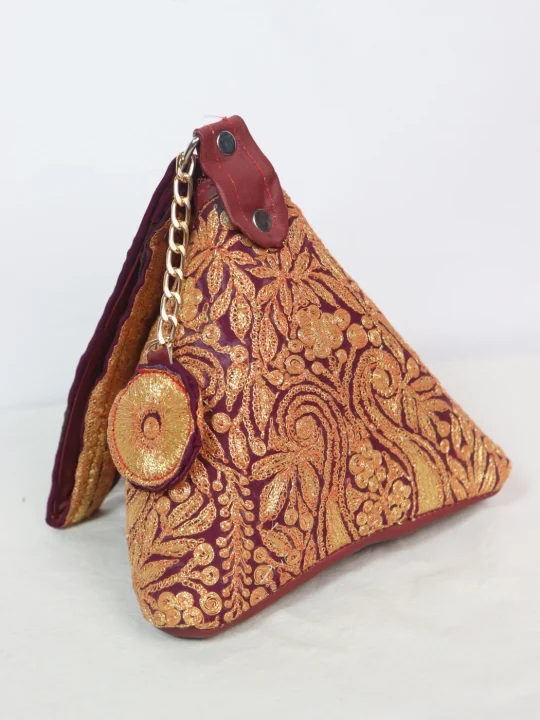 Naila Kashmiri Silk Triangle Bag With Botte Tilla Work | Wine