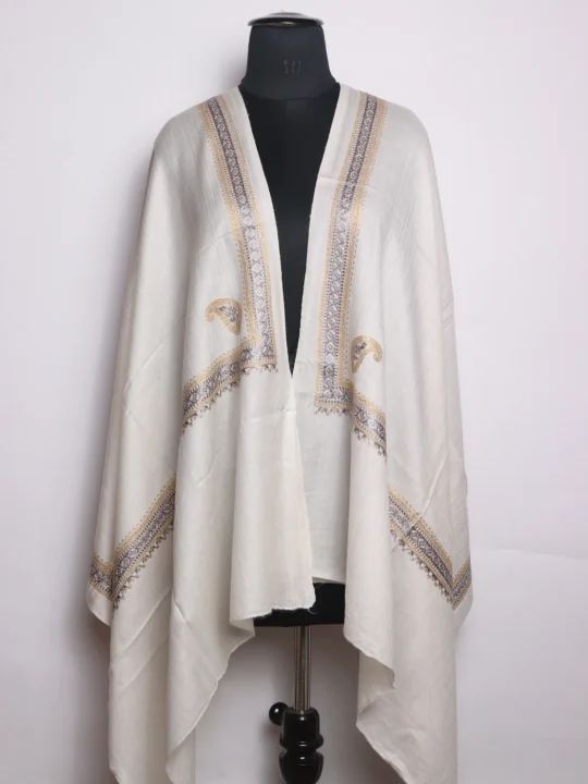 Shamima Kashmiri Stole In Fine Wool With Aari Nalki Work | Off White