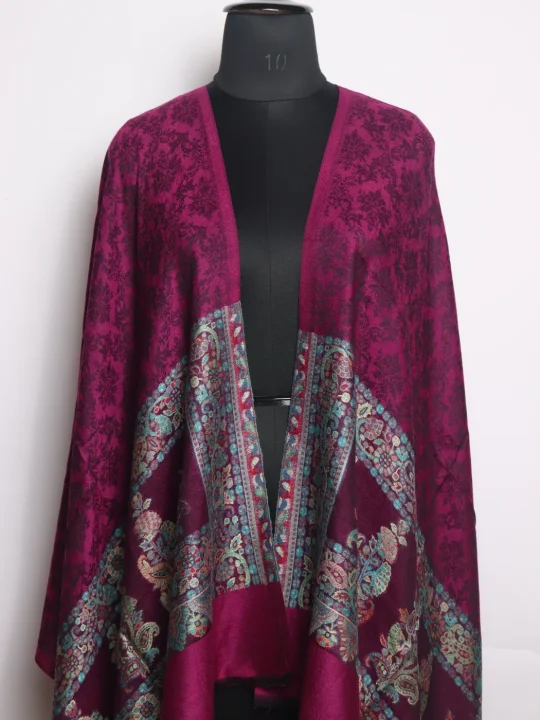 Purple Kashmiri Stole In Fine Wool With Palla Kani Work | Shaista - Image 2