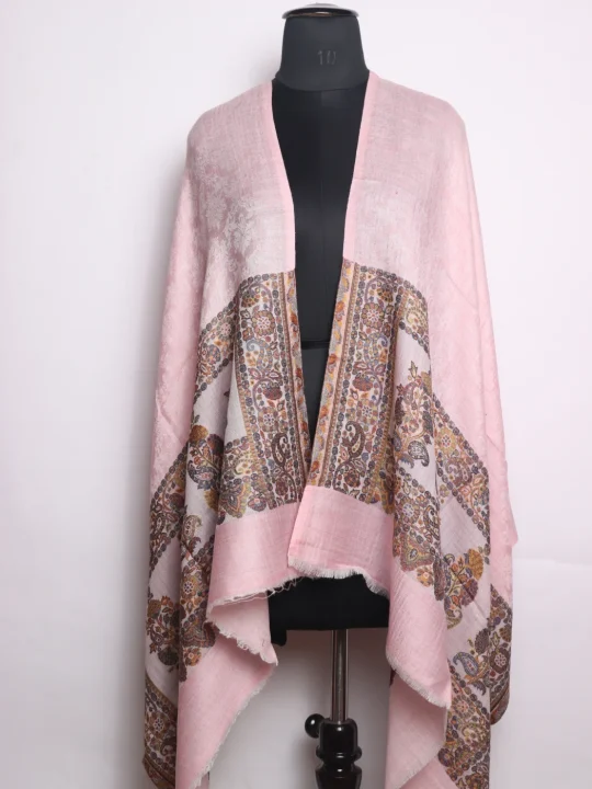 Kashmiri Stole In Pink Fine Wool With Palla Kani Work | Haleema