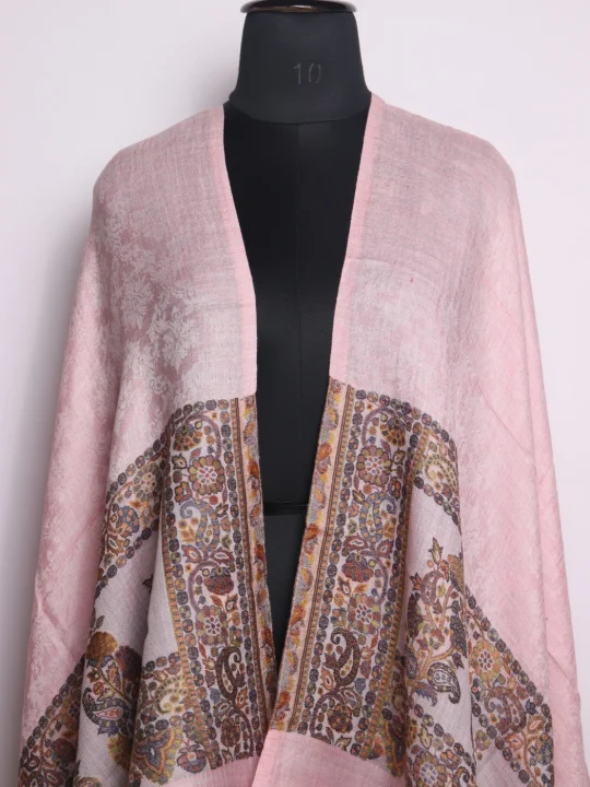 Kashmiri Stole In Pink Fine Wool With Palla Kani Work | Haleema - Image 2