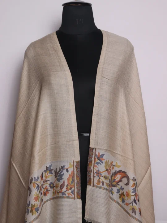 Samina Kashmiri Stole In Fine Wool With Palla Kani Work | Beige - Image 2