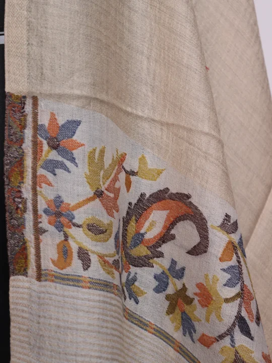 Samina Kashmiri Stole In Fine Wool With Palla Kani Work | Beige - Image 3
