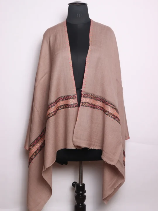Shabnam Kashmiri Stole In Polywool With Hand Sozni And Tilla Work | Taupe Brown