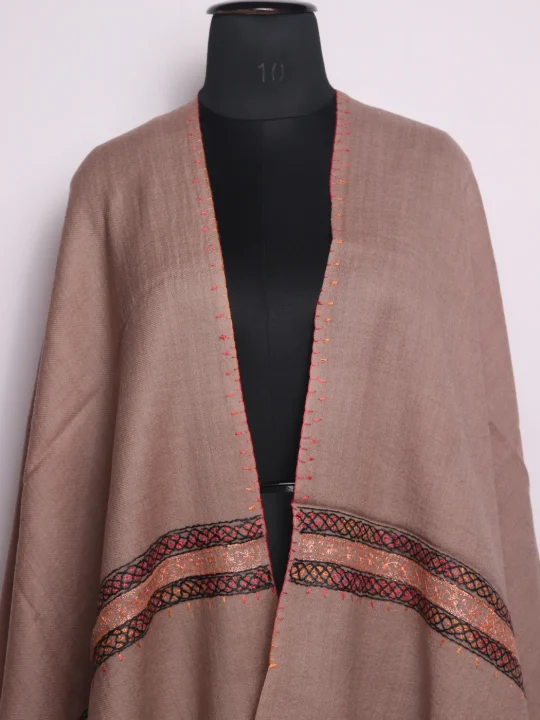 Shabnam Kashmiri Stole In Polywool With Hand Sozni And Tilla Work | Taupe Brown - Image 2