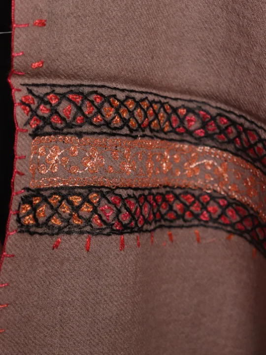 Shabnam Kashmiri Stole In Polywool With Hand Sozni And Tilla Work | Taupe Brown - Image 3