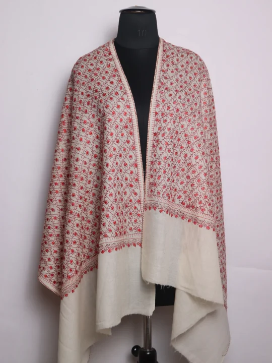 Humaira Kashmiri Stole In Toosha Wool With Hand Sozni | Off White
