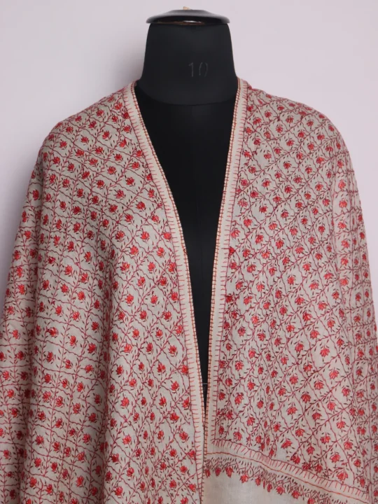 Humaira Kashmiri Stole In Toosha Wool With Hand Sozni | Off White - Image 2