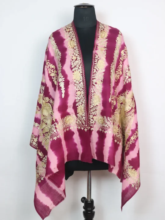 Arwa Kashmiri Stole in Polywool With Aari Embroidery | Pink and Wine