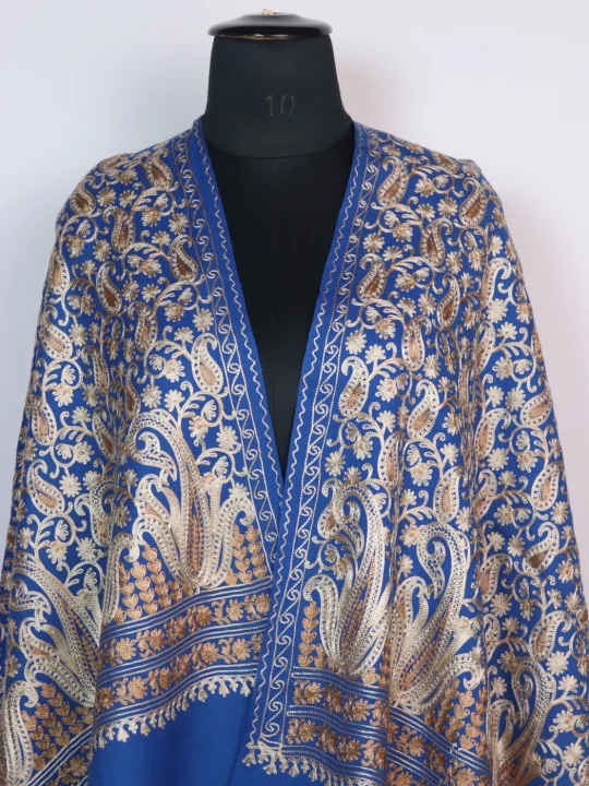 Arwa Blue Kashmiri Stole in Polywool With Aari Embroidery - Image 2