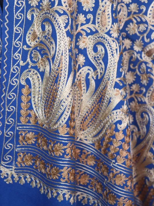 Arwa Blue Kashmiri Stole in Polywool With Aari Embroidery - Image 3