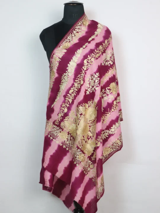 Arwa Kashmiri Stole in Polywool With Aari Embroidery | Pink and Wine - Image 3