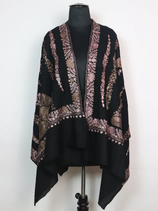 Kashmiri Stole in Black Polywool With Aari Embroidery | Arwa