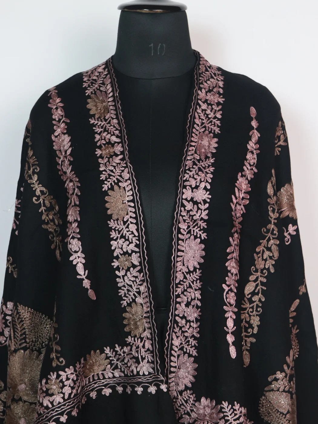 Kashmiri Stole in Black Polywool With Aari Embroidery | Arwa - Image 2