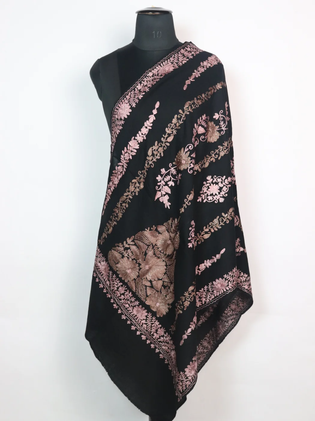 Kashmiri Stole in Black Polywool With Aari Embroidery | Arwa - Image 3