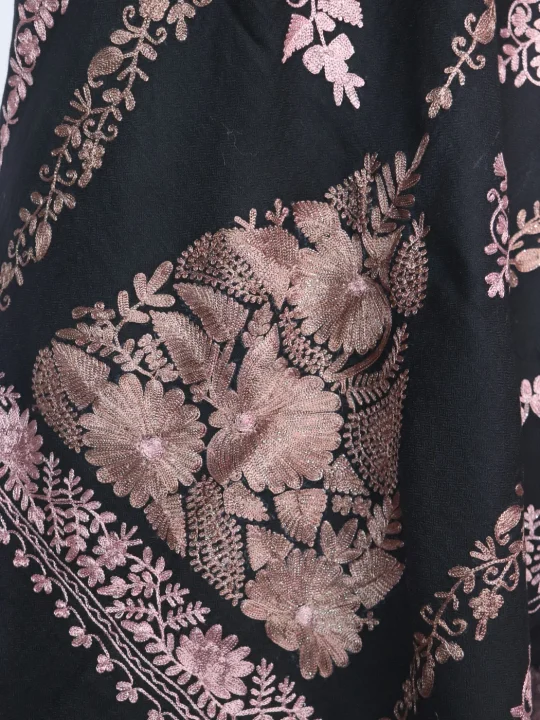 Kashmiri Stole in Black Polywool With Aari Embroidery | Arwa - Image 4