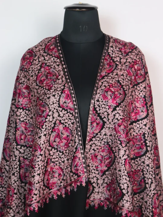 Black Kashmiri Stole in Polywool With Aari Embroidery Arwa - Image 2