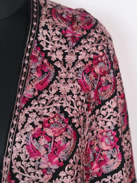 Black Kashmiri Stole in Polywool With Aari Embroidery Arwa - Image 3