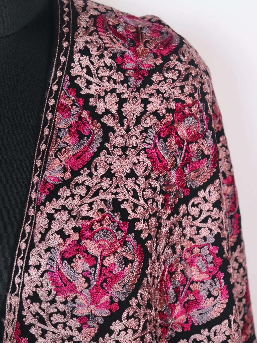 Black Kashmiri Stole in Polywool With Aari Embroidery Arwa - Image 3