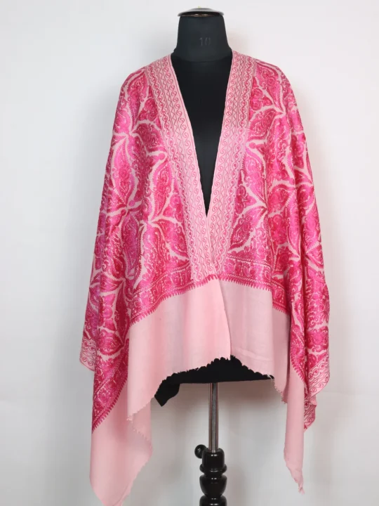 Kashmiri Stole Arwa With Aari Embroidery in Pink Polywool