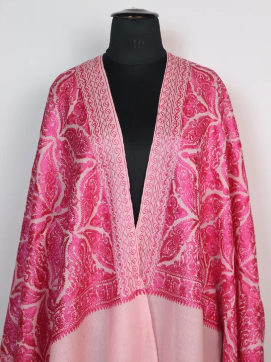 Kashmiri Stole Arwa With Aari Embroidery in Pink Polywool - Image 2