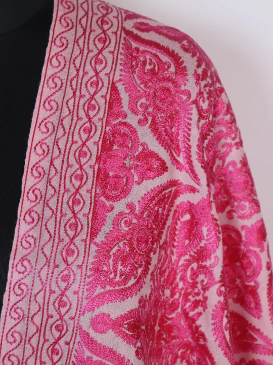 Kashmiri Stole Arwa With Aari Embroidery in Pink Polywool - Image 3