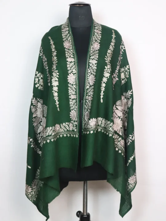 Green Kashmiri Stole Arwa in Green Polywool With Aari Embroidery