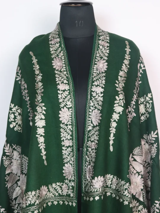 Green Kashmiri Stole Arwa in Green Polywool With Aari Embroidery - Image 2