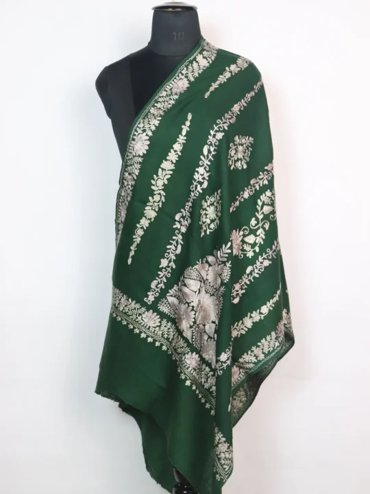 Green Kashmiri Stole Arwa in Green Polywool With Aari Embroidery - Image 3