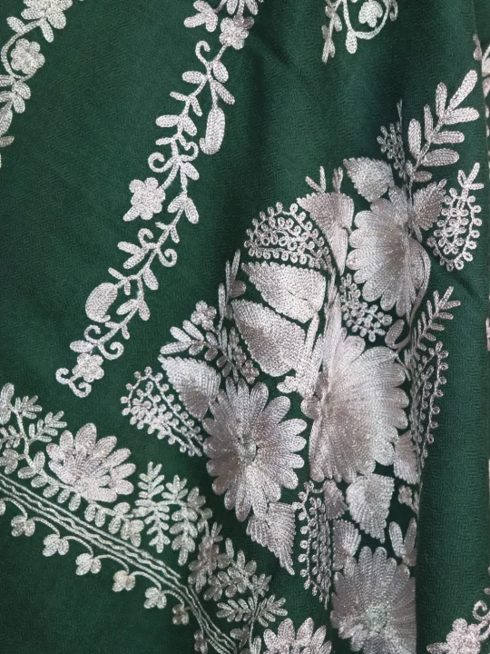 Green Kashmiri Stole Arwa in Green Polywool With Aari Embroidery - Image 4