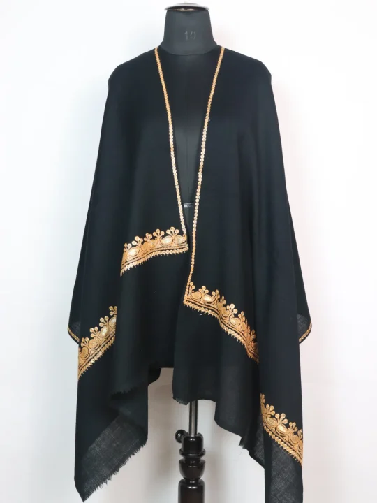 Haneen Kashmiri Stole In Black Pure Wool With Botte Tilla Work