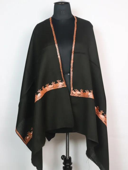 Kashmiri Stole in Black Pure Wool With Botte Tilla Work | Haneen