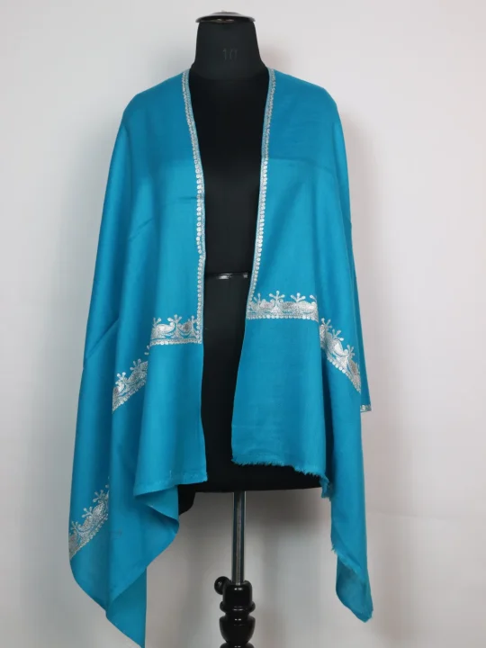 Mehreen Turquoise Blue Kashmiri Stole In Poly Wool With Botte Tilla Work