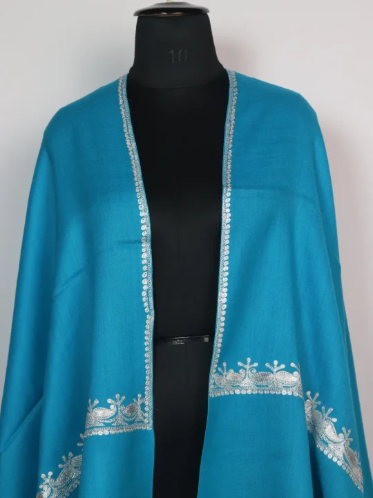 Mehreen Turquoise Blue Kashmiri Stole In Poly Wool With Botte Tilla Work - Image 2