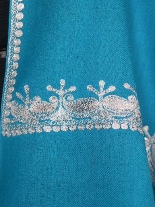 Mehreen Turquoise Blue Kashmiri Stole In Poly Wool With Botte Tilla Work - Image 3