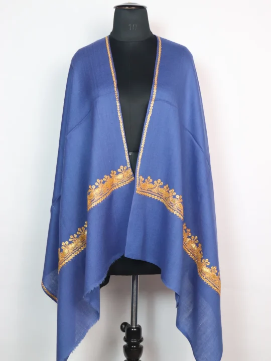 Haneen Blue Pure Wool Kashmiri Stole With Botte Tilla Work