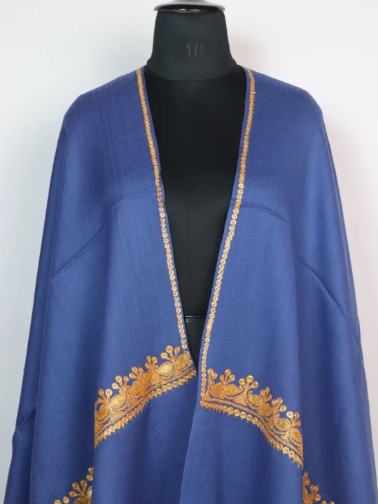 Haneen Blue Pure Wool Kashmiri Stole With Botte Tilla Work - Image 2
