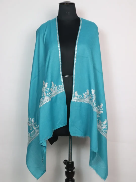 Haneen Kashmiri Stole In Turquoise Blue Pure Wool With Botte Tilla Work