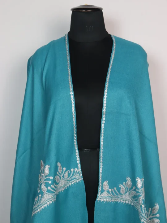 Haneen Kashmiri Stole In Turquoise Blue Pure Wool With Botte Tilla Work - Image 2