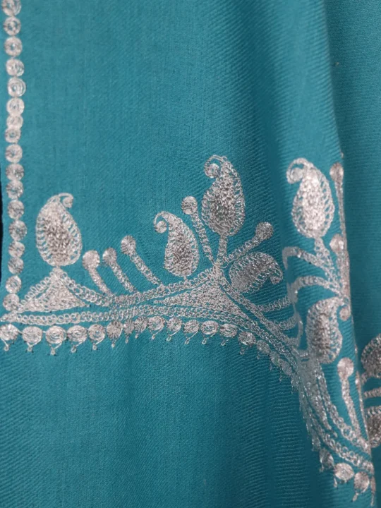Haneen Kashmiri Stole In Turquoise Blue Pure Wool With Botte Tilla Work - Image 3