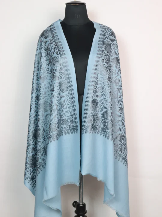 Kashmiri Stole in Light Blue Wool With Aari Embroidery | Humaira