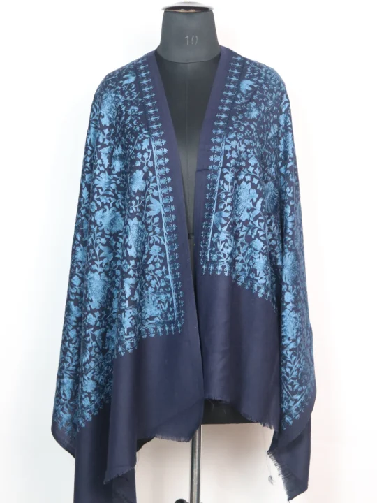 Kashmiri Stole Humaira With Aari Embroidery in Navy Blue Wool