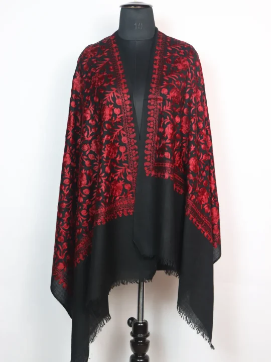 Humaira Kashmiri Stole in Black Wool With Aari Embroidery