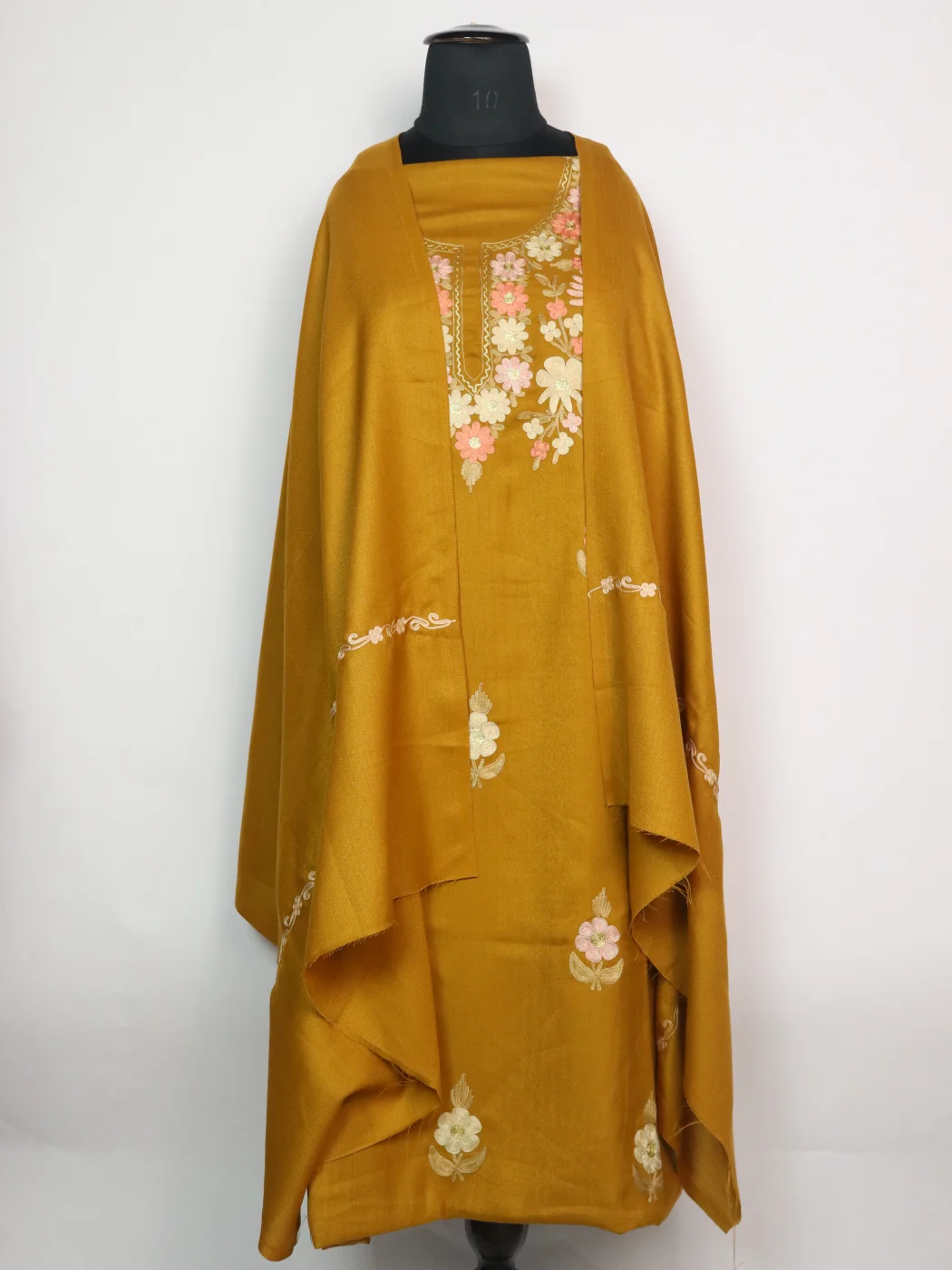 Sana Kashmiri Dress Material With Aari Work And Dupatta In Cotswool 3Pc | Yellow