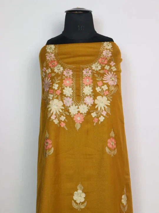 Sana Kashmiri Dress Material With Aari Work And Dupatta In Cotswool 3Pc | Yellow - Image 2