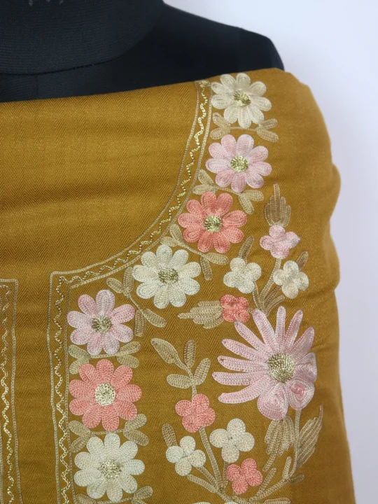 Sana Kashmiri Dress Material With Aari Work And Dupatta In Cotswool 3Pc | Yellow - Image 3