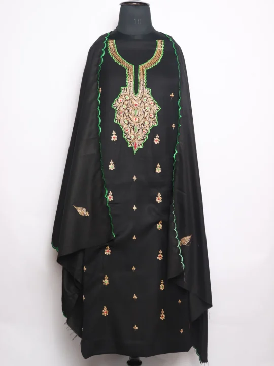 Kashmiri Dress Material In Black Cotswool With Botte Tilla Work And Dupatta 3Pc | Aneesa