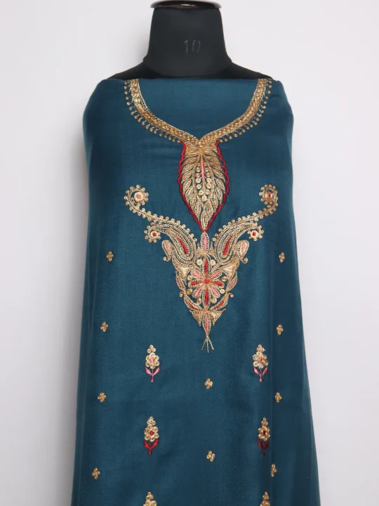 Aneesa Kashmiri Dress Material With Botte Tilla Work And Dupatta In Cotswool 3Pc | Blue - Image 2